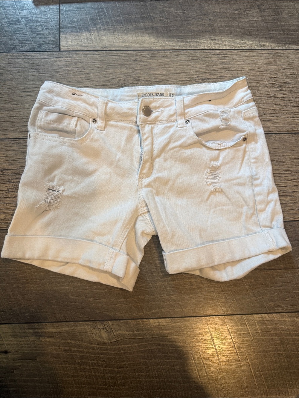 Encore Jeans White Rolled Cuff Distressed Denim Shorts